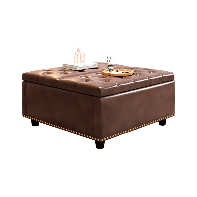 Grand tabouret de rangement carré en cuir de polyuréthane brun pour divers espaces, confortable avec housse, Brun