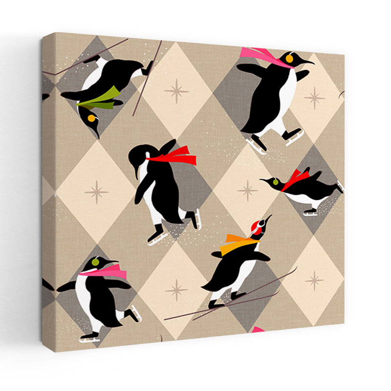 «Penguins Winter Fun» géométrique moderne ludique oiseau pingouin paysage d'hiver, reproduction d'art mural