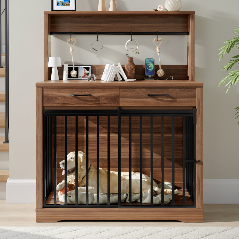 Meuble pour cage robuste pour chien de 38 po avec tiroirs de rangement, cage à double usage et table d'appoint pour l'intérieur
