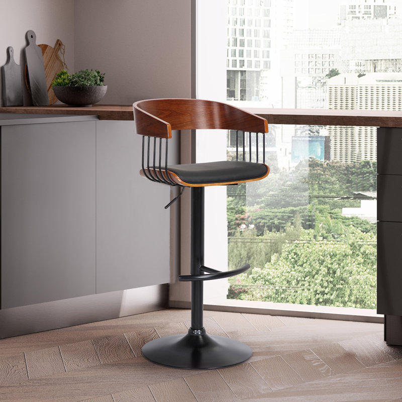 Fouke Adjustable Height Swivel Bar Stool with Pedestal Base in Faux Leather and Metal, Walnut/Black, Black