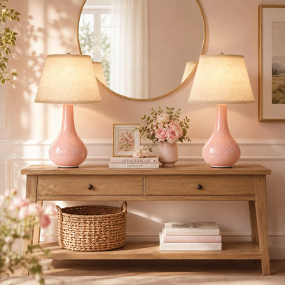 18.11" Tall Ceramic Table Lamp, Pale Pink Glossy Body with Linen Fabric Shade, Ideal for Bedroom, Living Room, Bedside, Desk