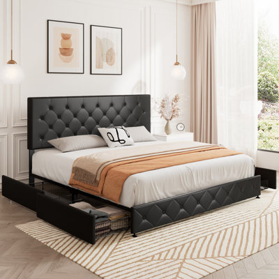 Vegan Storage Platform Bed with 4 Drawers and Adjustable Diamond Stitched Leather Headboard