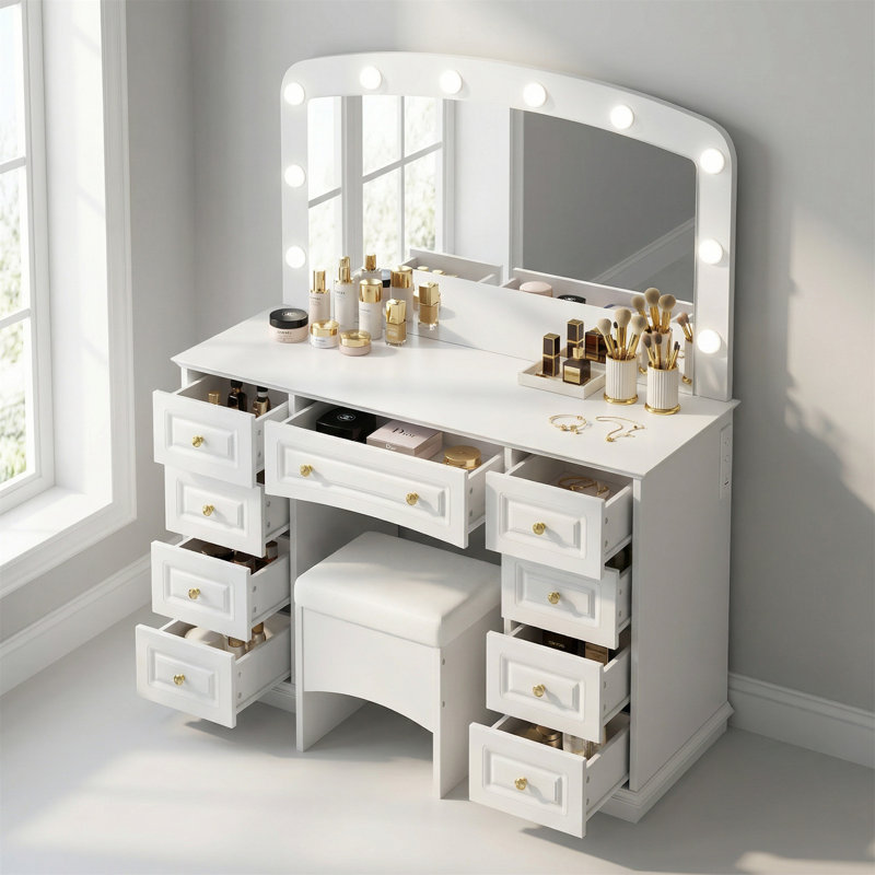 Ensemble de coiffeuse comprenant 10 lumières et 3 modes d'éclairage, comprenant un tabouret rembourré et 9 tiroirs de rangement
