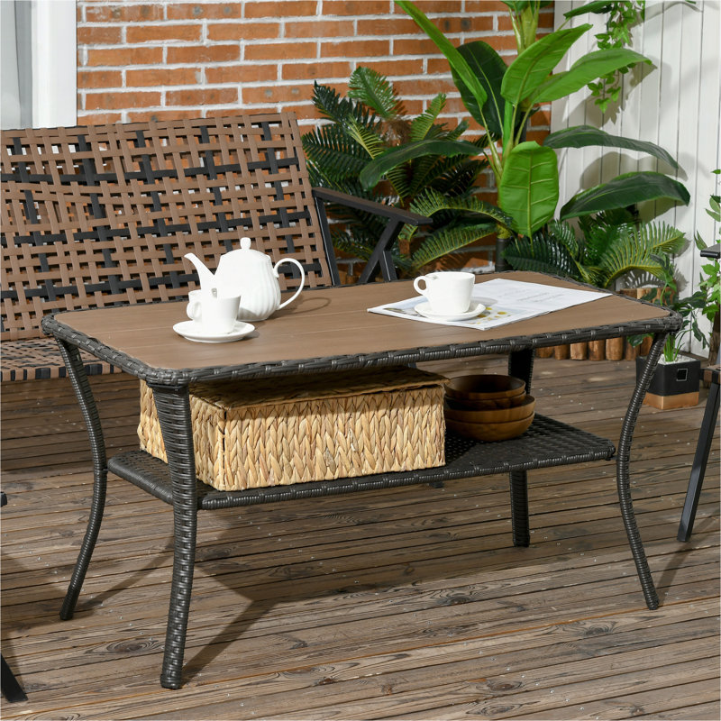 Outsunny Patio PE Rattan Coffee Table With Storage Shelf, Hand-Woven Wicker Outdoor Side Table, 2-Layer Storage Table With Wood-Plastic Composite Top, For Garden, Porch, Backyard, Mixed Brown