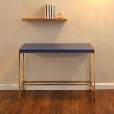 Writing Desk with USB Port in Blue-Toned and Gold Finish, Compact Rectangular Workstation