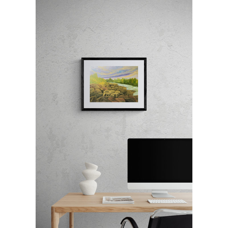 La rivière par Alicia Lopez - Peinture, Papier avec cadre noir, H 16 po x l 20 po