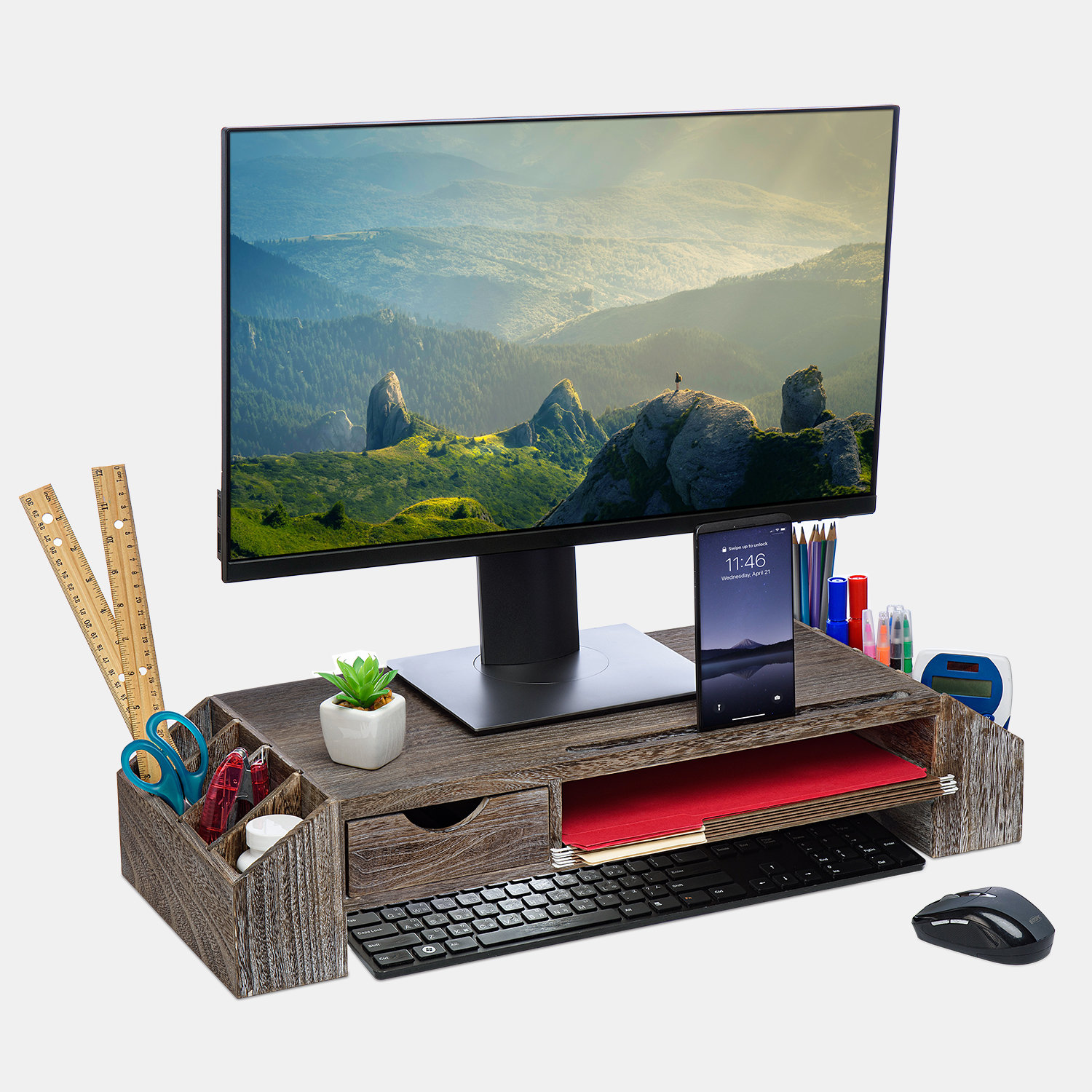 Gracie Oaks Wooden Monitor Riser Stand With Drawer And Side ...