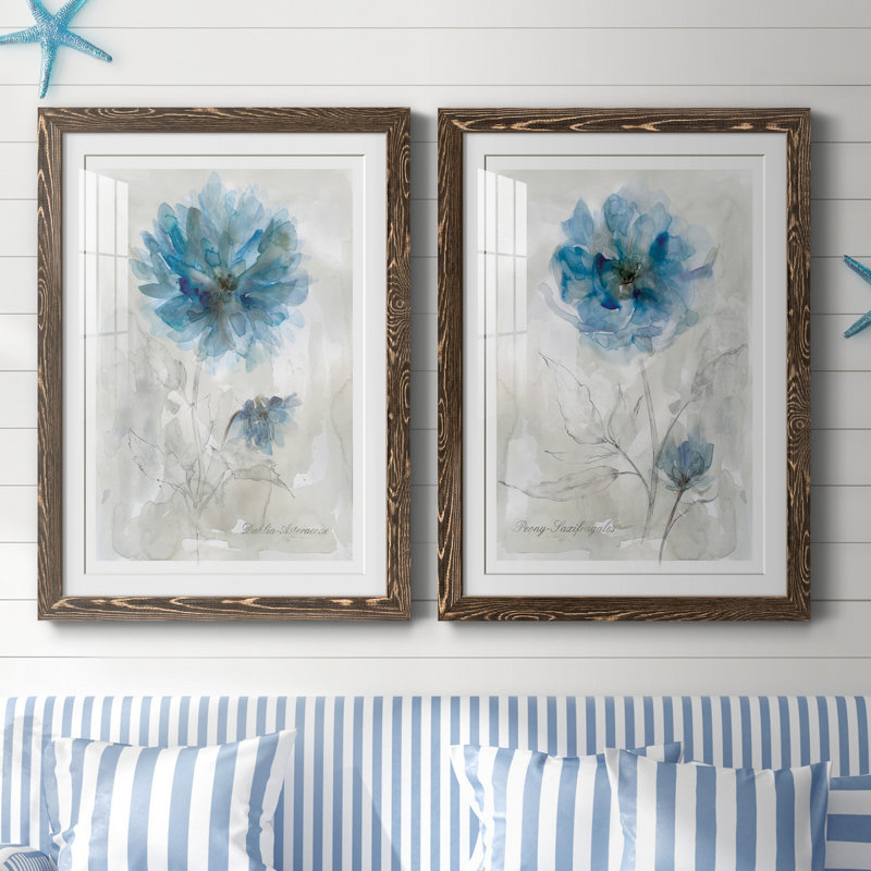 Dahlia - ensemble de 2 reproductions d'art, Blanc, Papier, cadre noyer, H 44 po x l 31 po x P 1 po