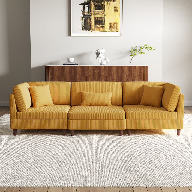 3 - Piece Upholstered Orange Corduroy Modular Sectional with Pillow Back and Solid Wood Legs, Orange
