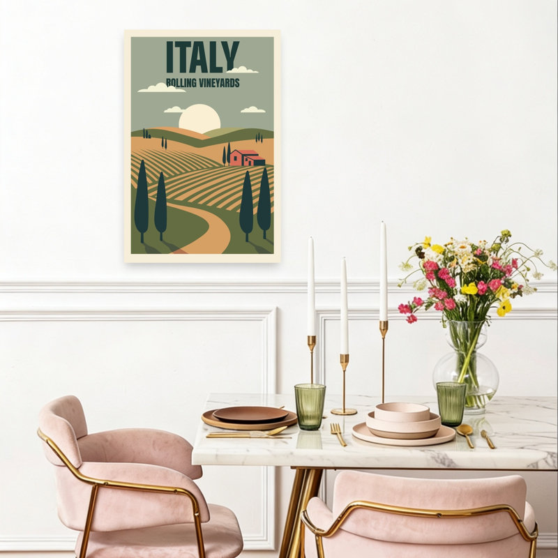 «Italian Rolling Vineyard Serene Tranquil Vintage Cypress Landscape Nature», art mural, 24" H x 16" W
