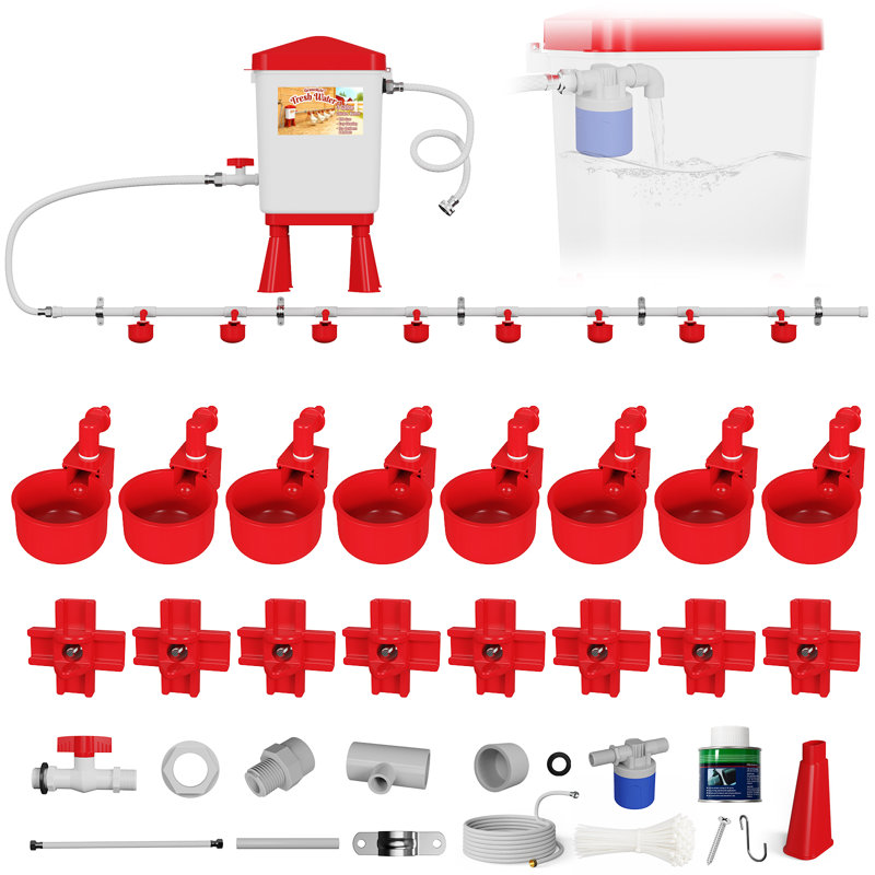 Ensemble de 3 pots à eau pour poule 3 gallons avec mamelons de volaille et tasses à boire, distributeur d'eau de poulet à contrôle flottant avec ports de boisson remplaçables, boyau, filtre et support pour poulets, canards, poules, dindes, poulailler et ferme
