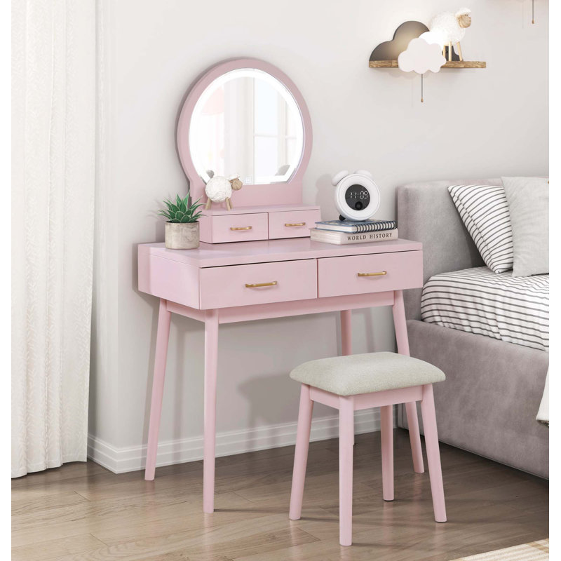 Beautiful Pink Finish Vanity Dresser With Mirror And Stool Set Storage Drawers Bedroom Furniture 1Pc