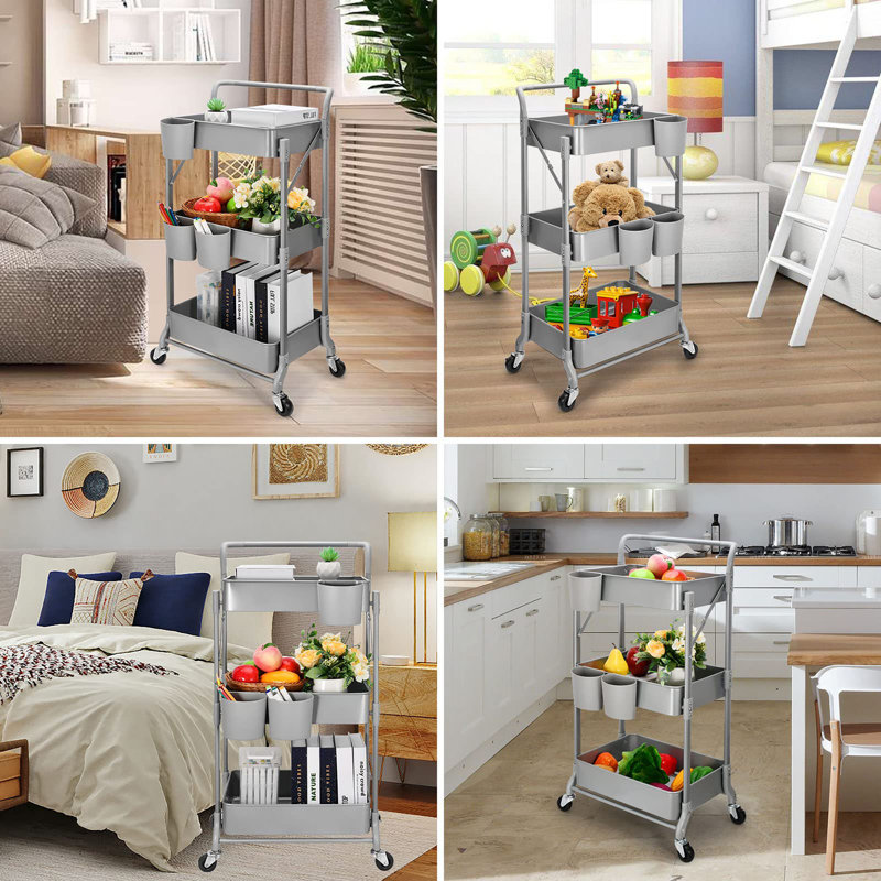 Chariot roulant pliable en métal à 3 niveaux, Gris