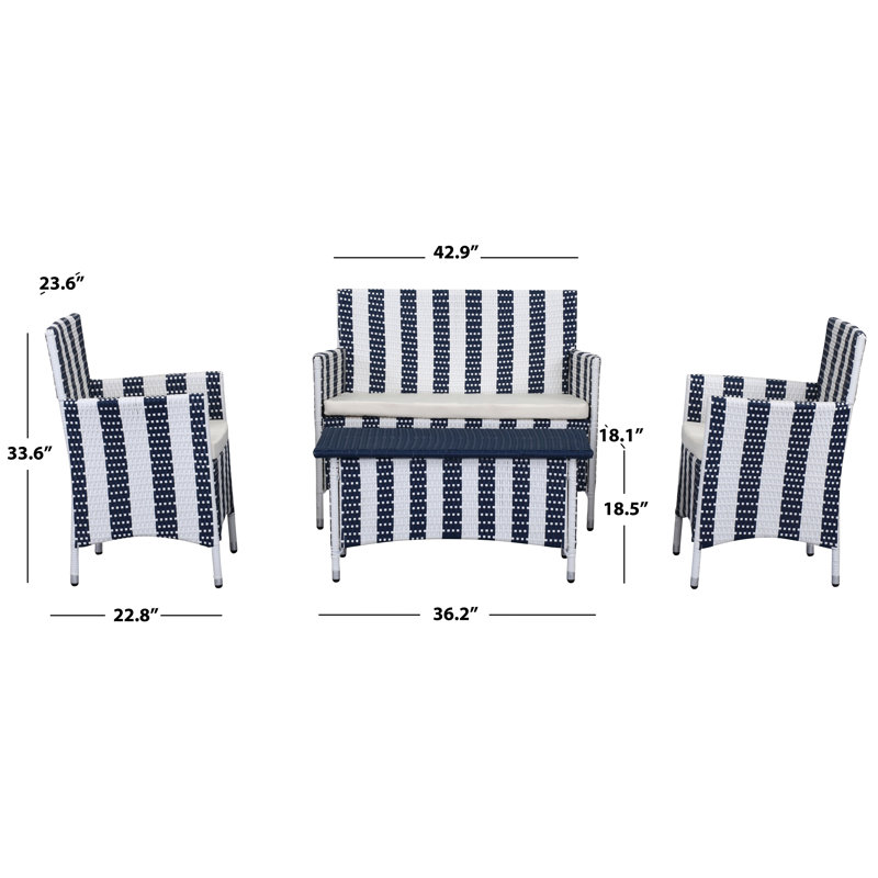 Mckeever 4 - Person Patio Conversation Set with Cushions, Navy / White Striped