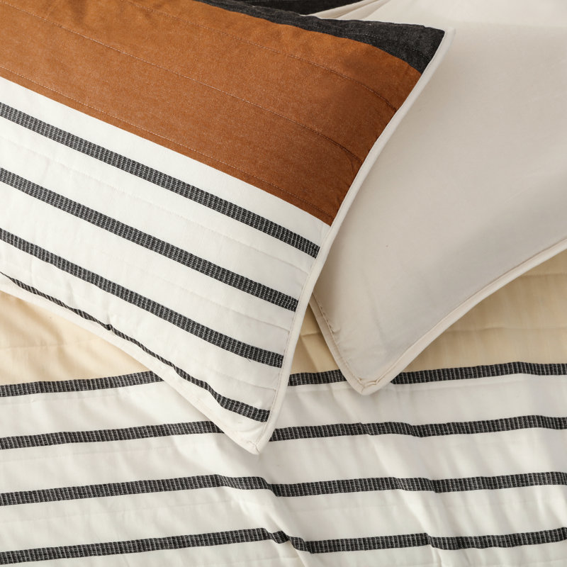 Queen Size Greige Cotton Stripe Quilt Set