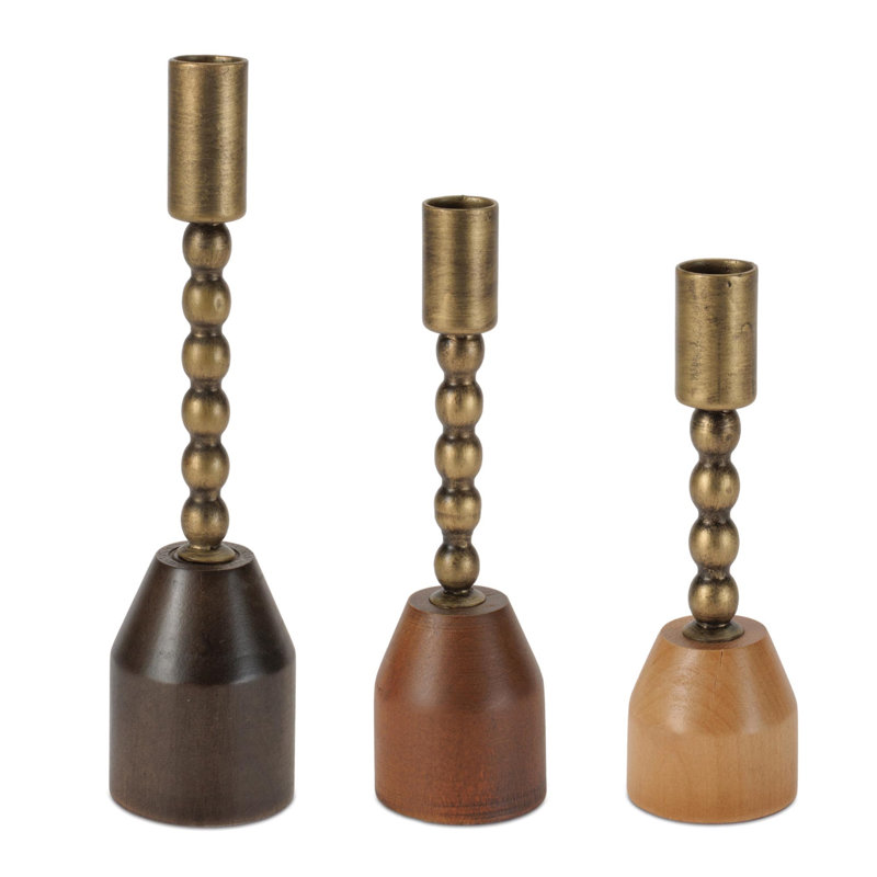 Porte-bougie conique en métal moderne avec base en bouleau (ensemble de 3)