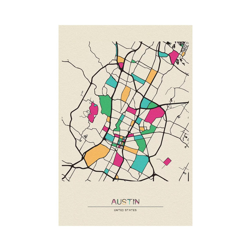«Austin, Texas Map» par Ayse Deniz Akerman, reproduction d'art graphique sur toile, H 60 po x l 40po x P 1,5 po