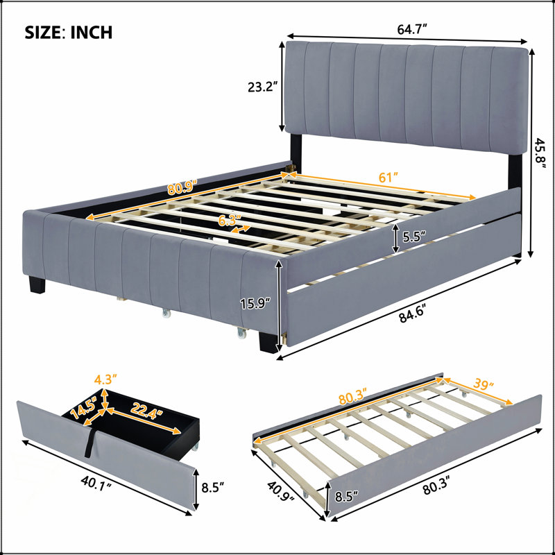 Grand lit plateforme tapissier en velours avec 2 tiroirs et 1 lit gigogne simple TG, gris, gris
