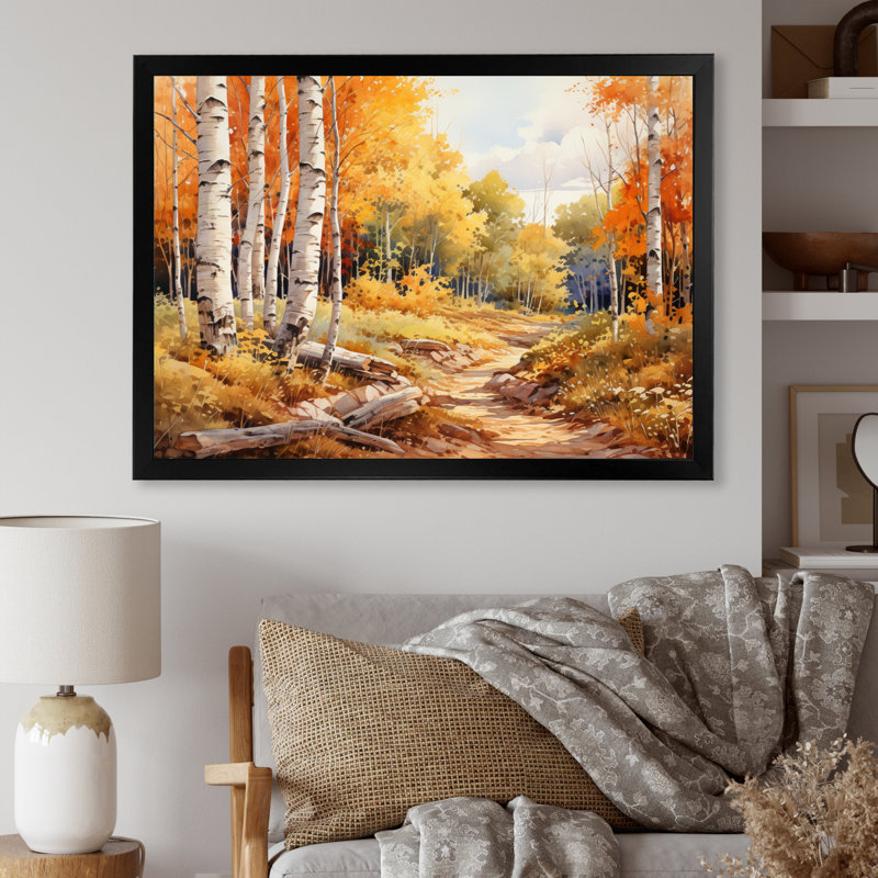 Birch Woods Gilded Pathway II - Imprimé, H 24 po x l 32 po x P 1 po, Cadre photo noir
