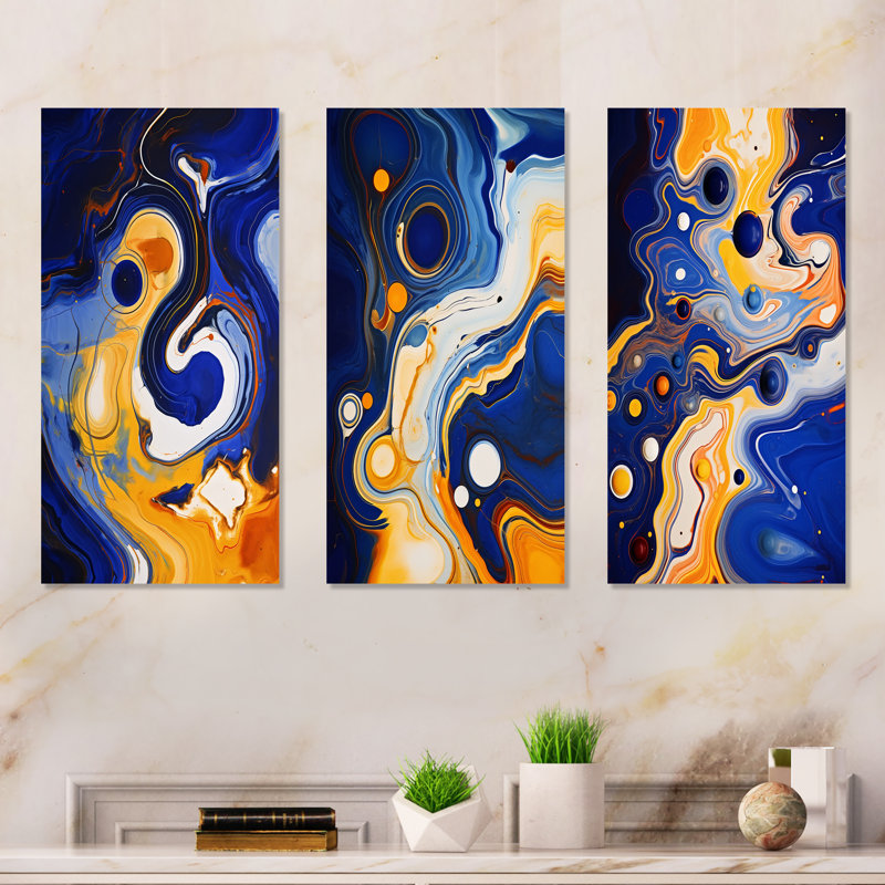 «Yellow I», encre liquide jaune et bleu «I», ensemble de 3 impressions à l'encre liquide abstraite, H 28 po x l 36 po