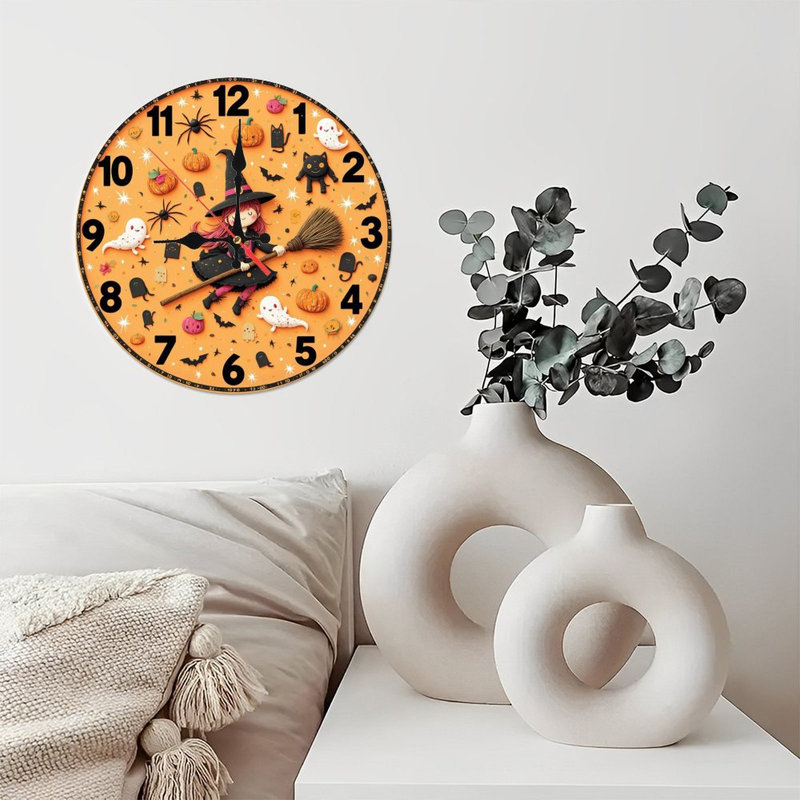 Witch Flying On Broomstick Halloween Clock