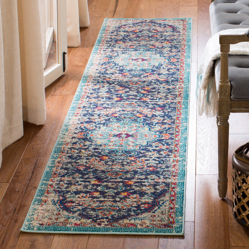 Felty Oriental Power Loom Polypropylene Area Rug in Black/Teal, Runner 2'2" x 10'