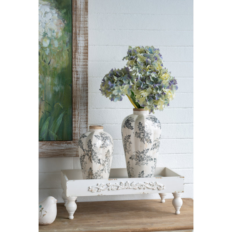 Vase d'appoint en céramique 6,7 x 6,7 x 11,5 po avec motif floral gris, H 11,6 po x l 6,7 po x P 6,7 po