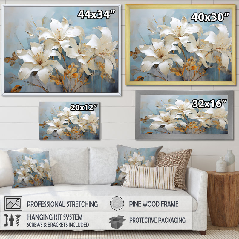 Lilies en fleurs IV sur toile, Cadre simple argenté, H 16 po x l 32 po x P 1 po