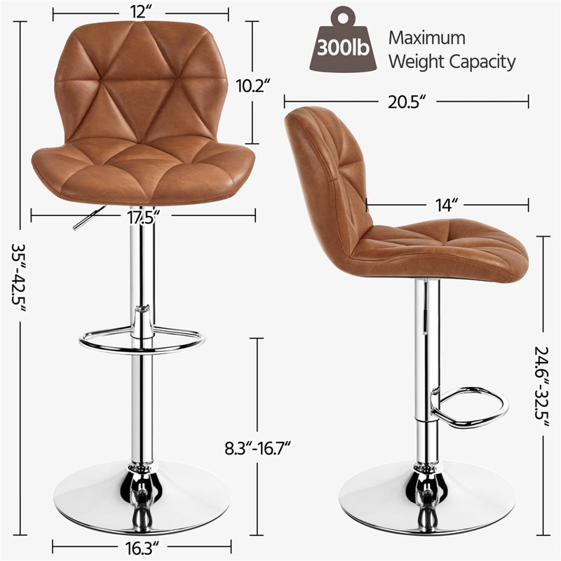 Adjustable Modern PU Leather Swivel Bar Stools with Backrest, Retro Brown