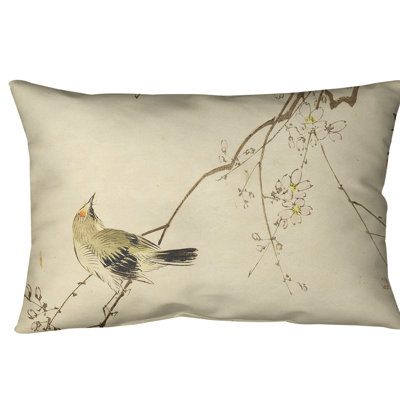 Coussin lombaire en aquarelle d’oiseau japonais et de fleurs