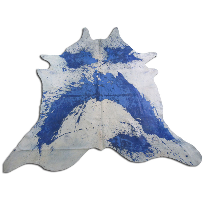 17 Stories Off-White Cowhide Rug with Blue Acid Washed | Wayfair