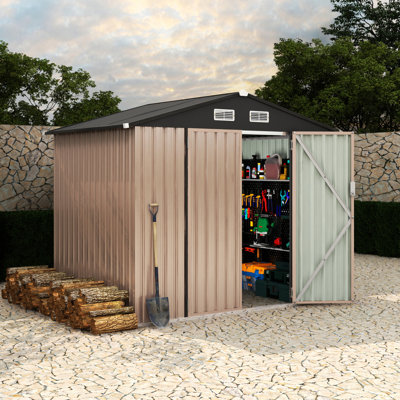6x8 Ft Brown Galvanized Steel Waterproof Outdoor Utility Shed with Lockable Door and Vents for Lawn Mower and Tools