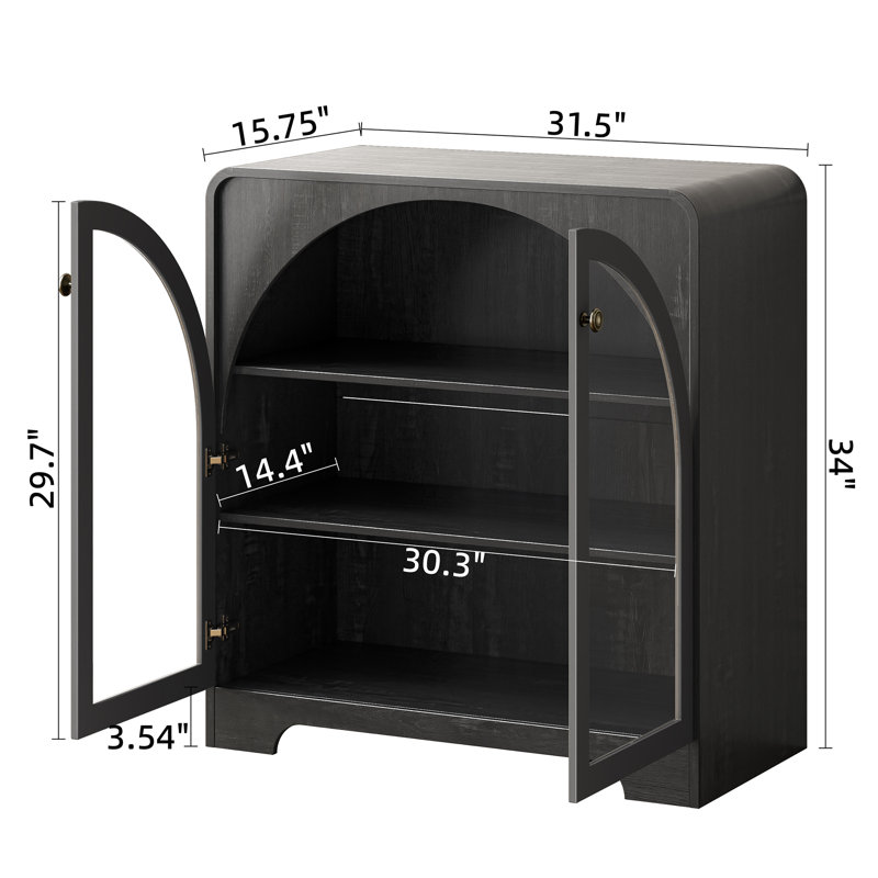 Buffet 31,5 "avec 2 portes arquées en verre, console, table basse et bar pour le salon, noir, Noir