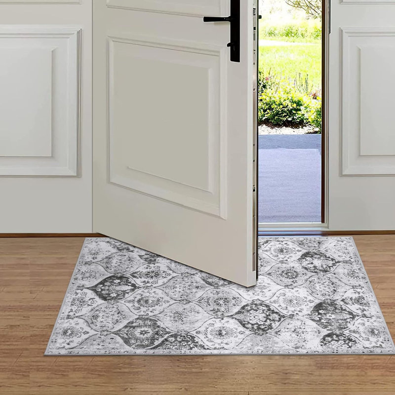 Moroccan Trellis Washable Rug, 2X3 Kitchen Rugs For Entryway Bathroom, Non-Slip Indoor Door Mat Ultra-Thin, Small Oriental Throw Carpet For Bedroom Entry, Silver/Grey
