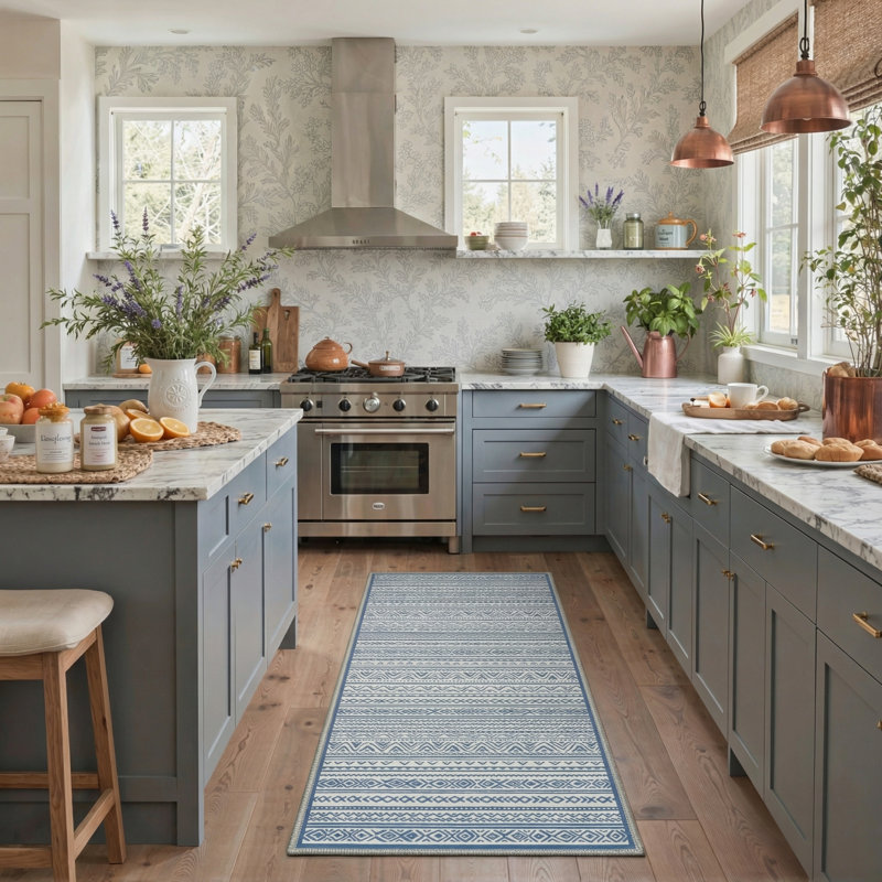 Geometric Stripes Machine Washable Slate Blue Indoor Area Rug With Non-Slip Backing, Runner 2' x 7'