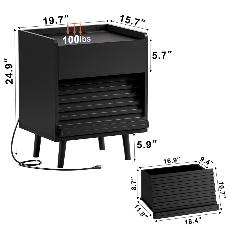 2 Drawer Bedside Table, Set of 2, Black