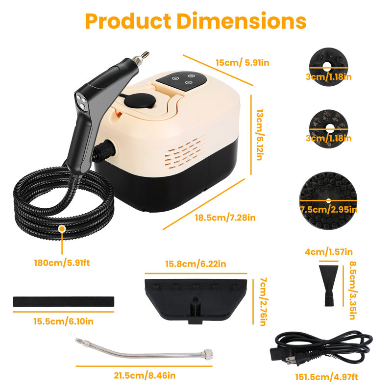 Petit nettoyeur à vapeur haute température portatif 1500W avec réservoir 1200 ML et 8 accessoires, canapé à revêtement de voiture à plancher propre
