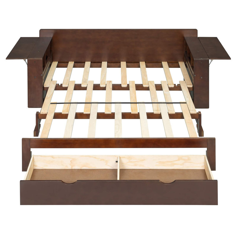 Full Size Multifunctional Daybed with Removable Desk, Storage Drawers, and Hydraulic Lift Side Tables,  Espresso , Brown