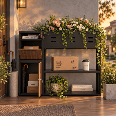Boîte à colis en acier galvanisé noir/brun de 61 po de largeur avec jardinière et boîte aux lettres verrouillable