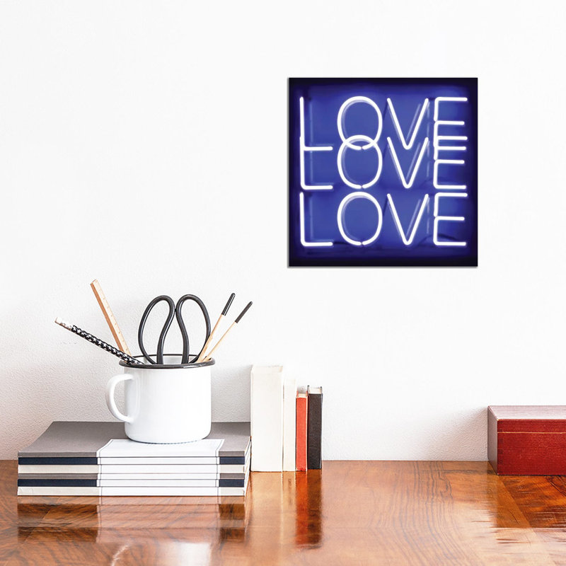 Neon Love Love Love Blue On Black by Hailey Carr - Wrapped Canvas Gallery-Wrapped Canvas Giclée, 30.48 cm H x 30.48 cm W