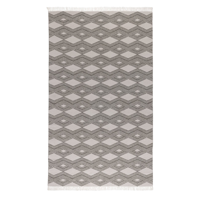 Maya Indoor Outdoor Area Rug, Pebble Gray, Handwoven Diamond, Fringe, Gray, Rectangle 8' x 10'