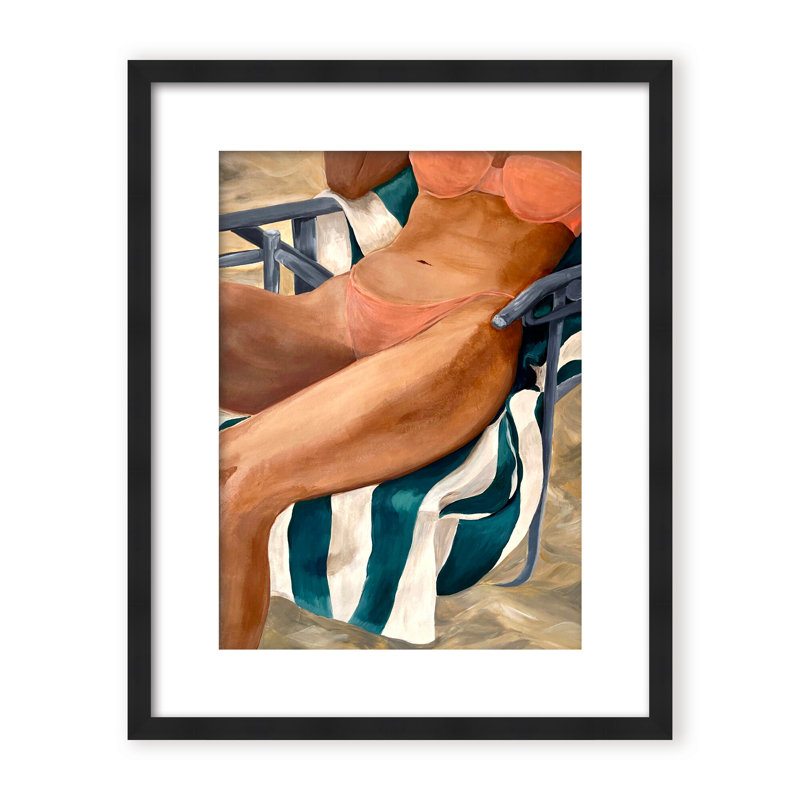 Coastal Retreat Riviera Retreat: Woman Lounging On Beach Towel And Chair, 40" H x 30" W x 1.125" D, White, Framed Print