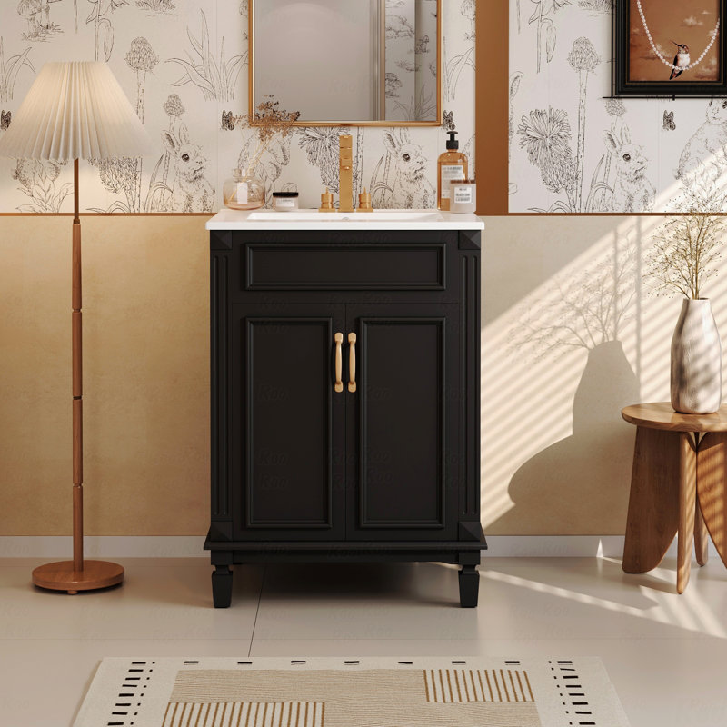 Meuble-lavabo de salle de bain avec lavabo supérieur, armoire de rangement moderne avec 2 portes à fermeture douce et tablette réglable