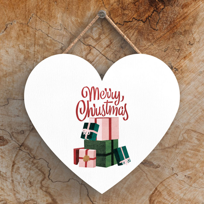 Xmas Merry Christmas Wooden Heart Plaque, 10cm H x 9cm W x 0.5cm D