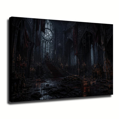 Ruined Gothic Throne Hall With Tall Stained Glass Window And Candles, Dark Medieval Castle Canvas Wall Art For Halloween Decor