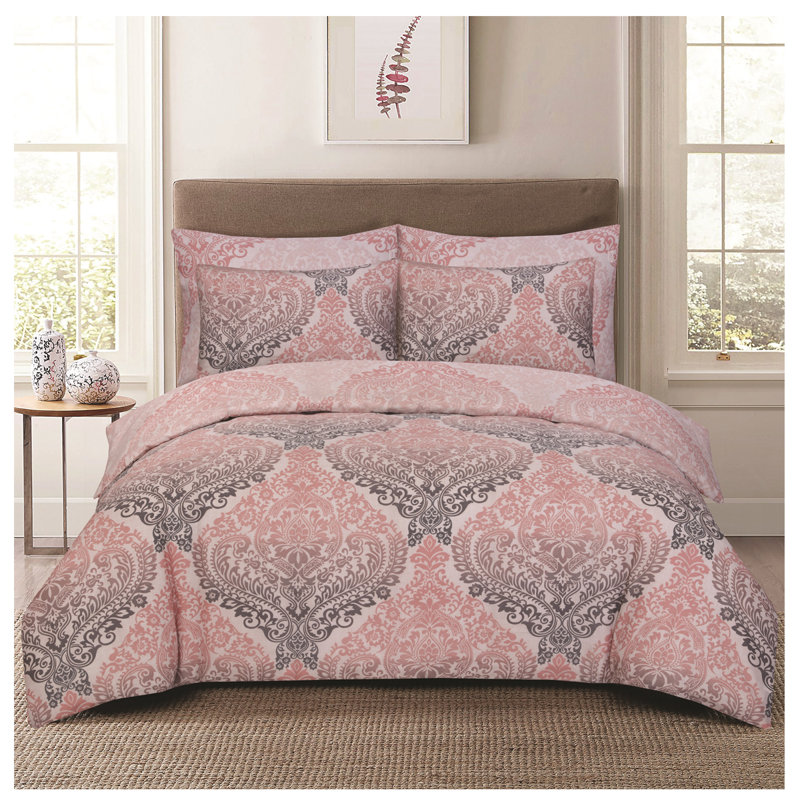 Complete Bedding Set Cotton Rich Damsk Duvet Cover, Fitted Sheet & Pillowcases Soft, Breathable & Wrinkle-Resistant, Pink