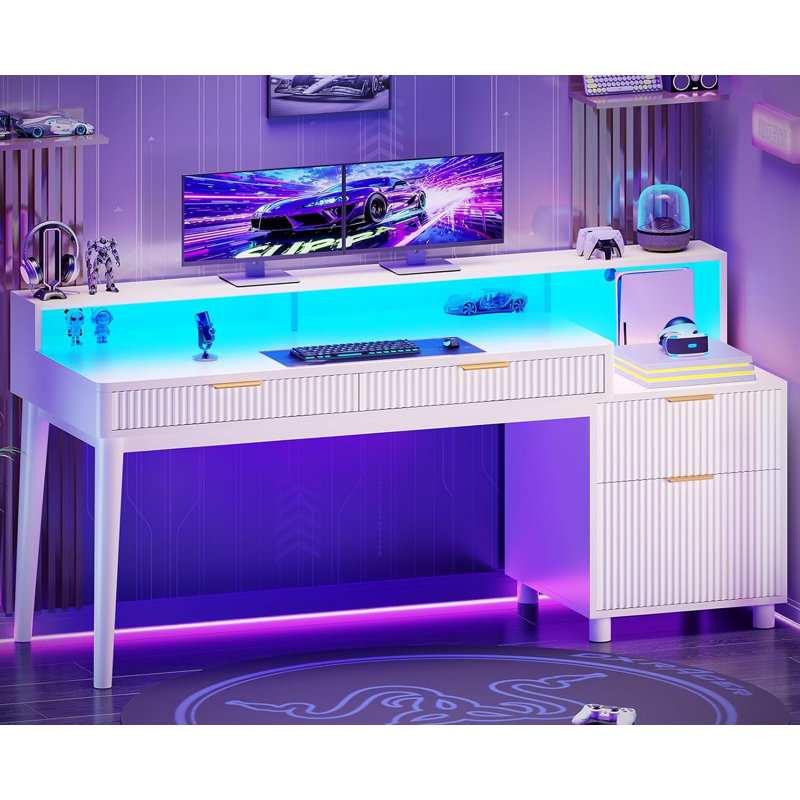 Bureau de jeu électrique avec tiroirs et lumières DEL Alvonia, Blanc