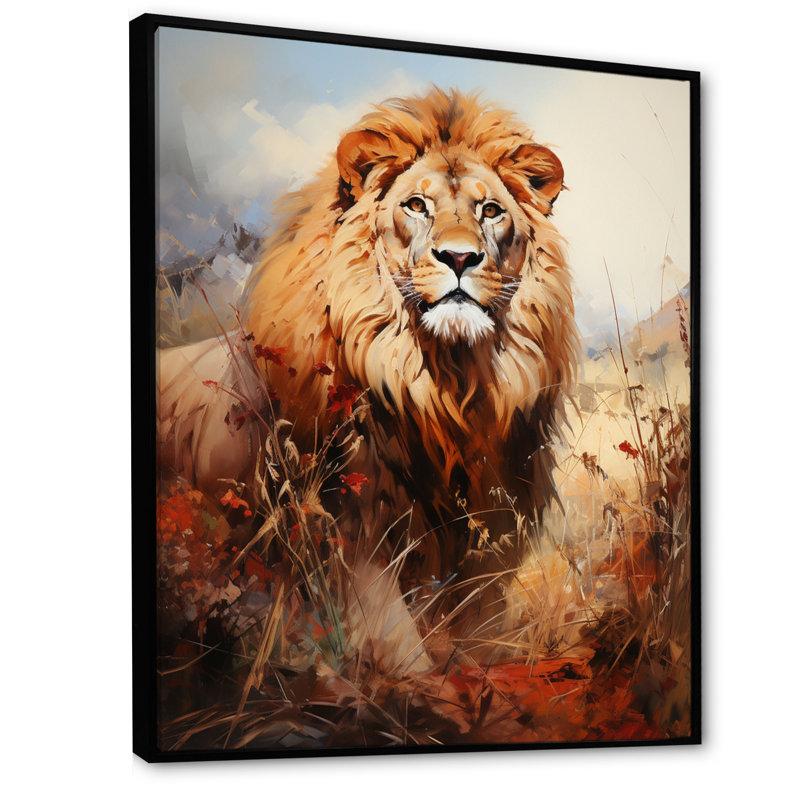 Lion en plein air I sur toile, H 40 po x l 30 po x P 1,5 po, Cadre flottant noir