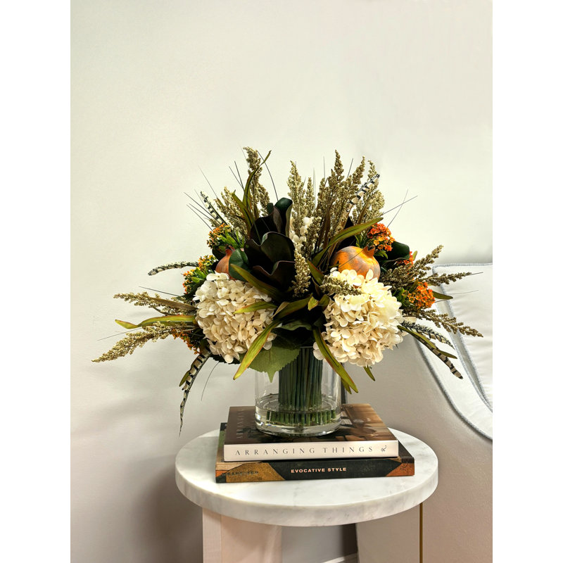 Fall Arrangement with Hydrangeas and Thistle, Cream/Orange