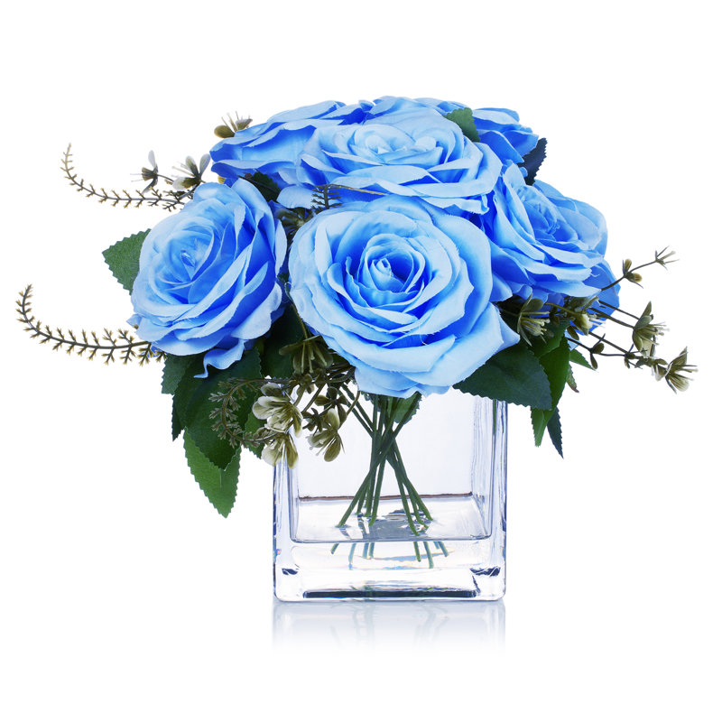 Arrangement floral roses artificielles dans un vase, Bleu